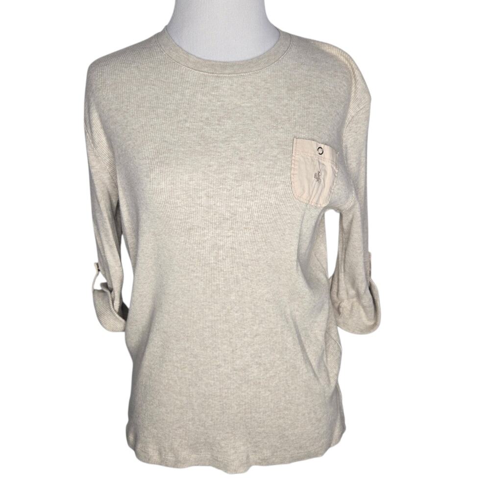 Vintage Lauren Ralph Lauren Women Ribbed Knit Tee Oatmeal Fitted Monogram Large